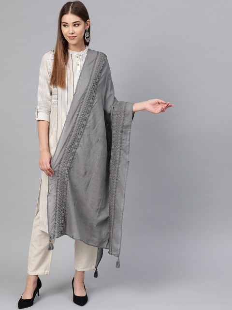 

W Charcoal Grey Solid Pure Cotton Dupatta