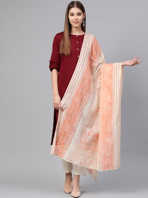 

W Orange & White Printed Pure Cotton Dupatta