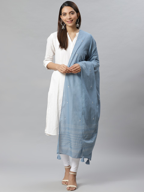 

W Blue & Off-White Printed Pure Cotton Dupatta