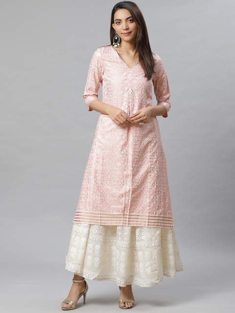 

W Women Pink & White Printed Sustainable Straight Kurta