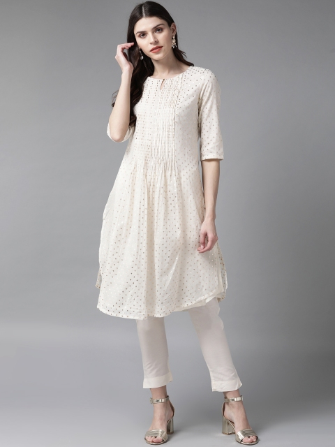 omen Off-hite & Golden Zari oven Design A-Line Kurta