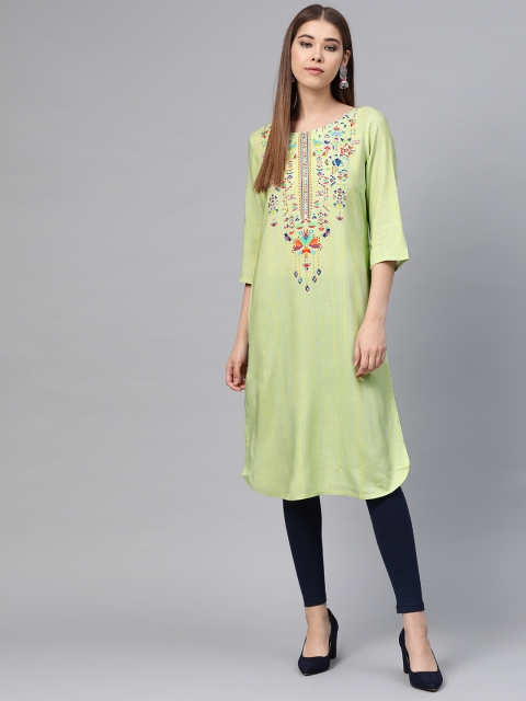 

W Women Green Yoke Design Straight Kurta