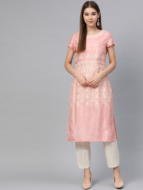 

W Women Pink & Off-White Printed Straight Kurta