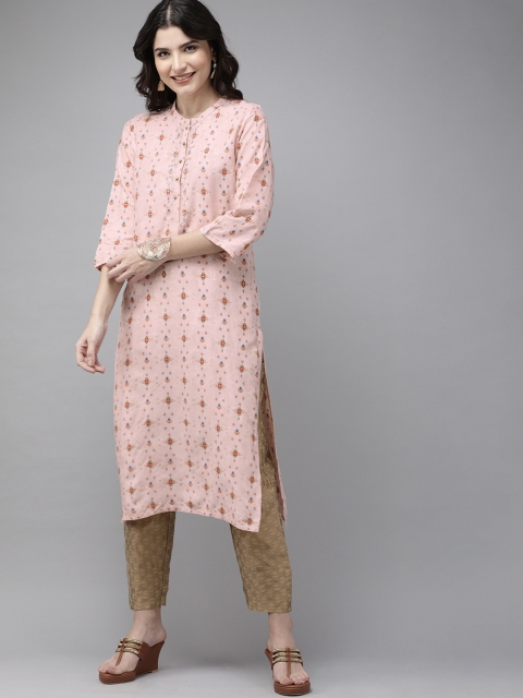 

W Women Pink Floral Printed Kurta with Zari Embroidery