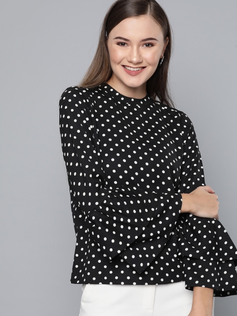 

HERE&NOW Women Black & White Polka Dot Printed Styled Back Top