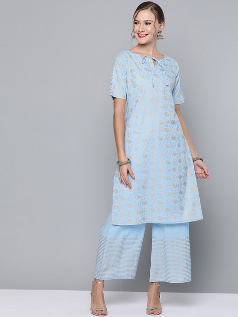 

HERE&NOW Women Blue & Golden Printed Kurta with Palazzos