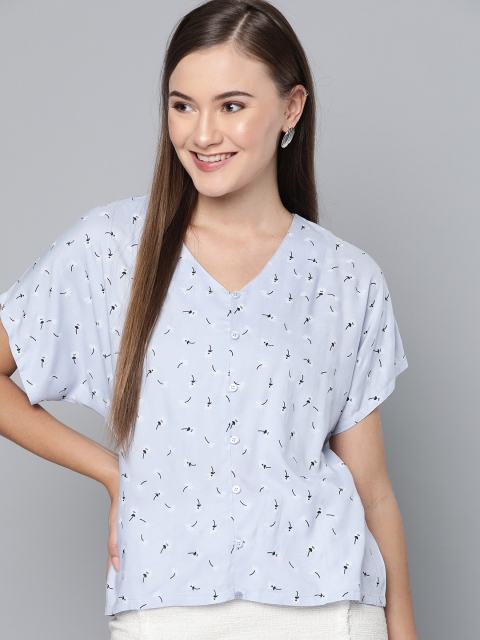 

HERE&NOW Women Blue & Black Printed Boxy Top