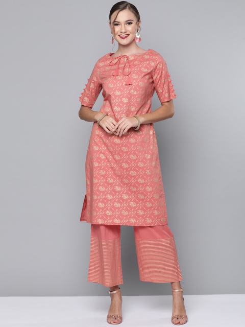 

HERE&NOW Women Coral Pink & Golden Printed Kurta with Palazzos