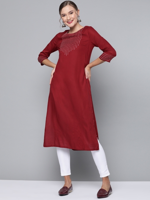 

HERE&NOW Women Maroon Yoke Design Straight Kurta