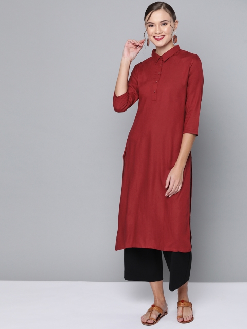 

HERE&NOW Women Maroon Solid Straight Kurta