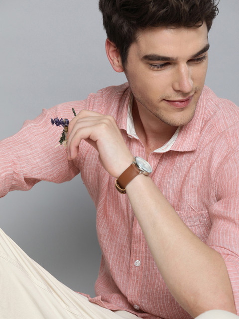 

Mast & Harbour Men Pink & White Regular Fit Striped Casual Linen Shirt