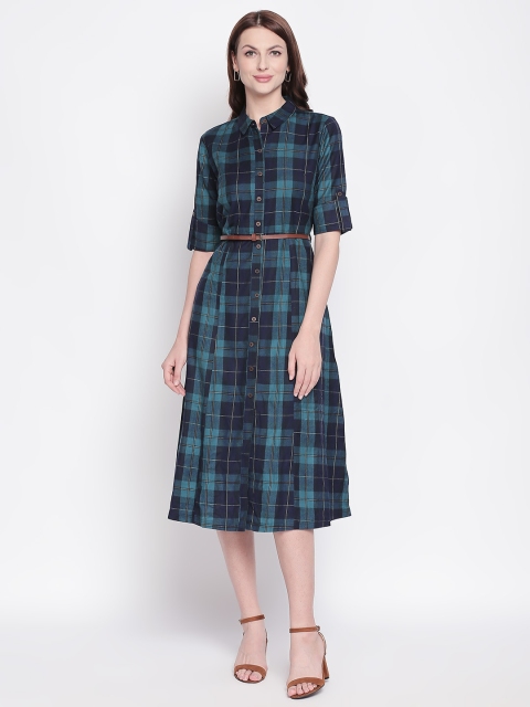 

AKKRITI BY PANTALOONS Women Blue Checked Shirt Dress