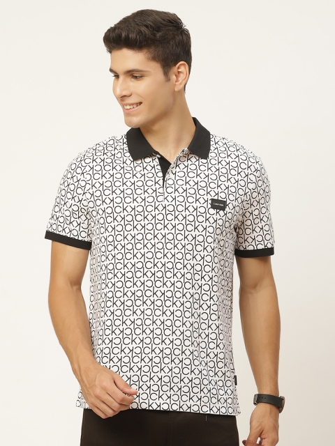 

Calvin Klein Jeans Men White & Black Cotton Brand Logo Print Polo Collar Monochrome Tee