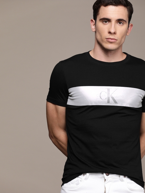 

Calvin Klein Jeans Men Black & Silver-Toned Slim Fit Printed Round Neck T-shirt