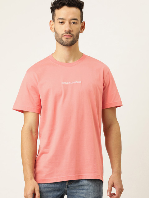 

Calvin Klein Jeans Men Pink Solid Round Neck Pure Cotton T-shirt with Embroidery
