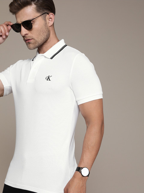 

Calvin Klein Jeans Men White Solid Slim Fit Polo Collar T-shirt