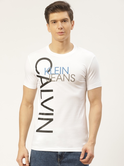 

Calvin Klein Jeans Men White & Black Slim Fit Printed Round Neck T-shirt