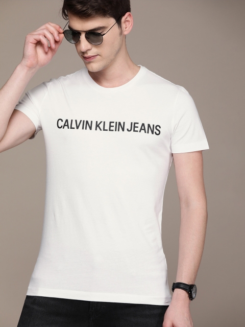 

Calvin Klein Jeans Men White Printed Slim Fit Round Neck Pure Cotton T-shirt