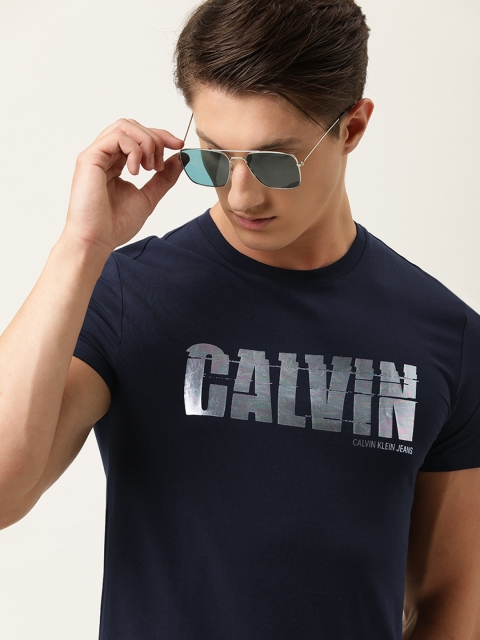 

Calvin Klein Jeans Men Navy Blue Slim Fit Printed Round Neck T-shirt