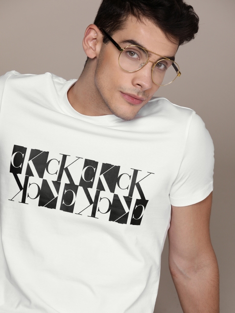 

Calvin Klein Jeans Men White Slim Fit Printed Round Neck T-shirt