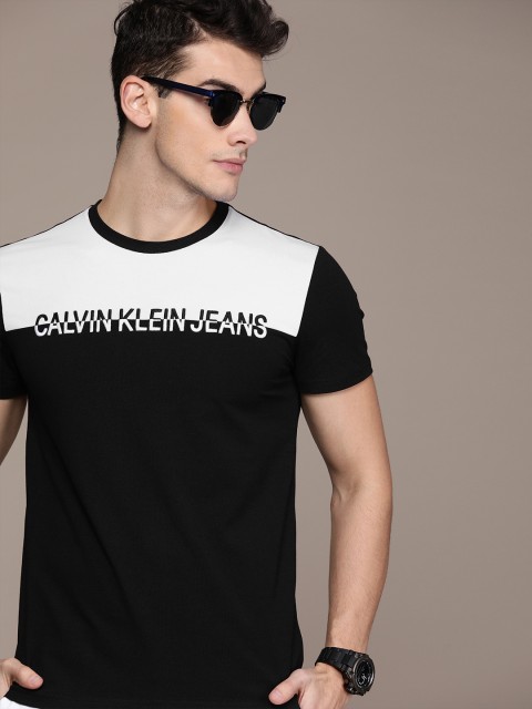 

Calvin Klein Jeans Men Black & White Slim Fit Colourblocked Round Neck T-shirt