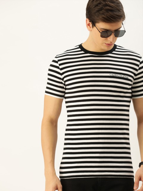 

Calvin Klein Jeans Men Black & White Striped Round Neck T-shirt With Embroidered Detailing