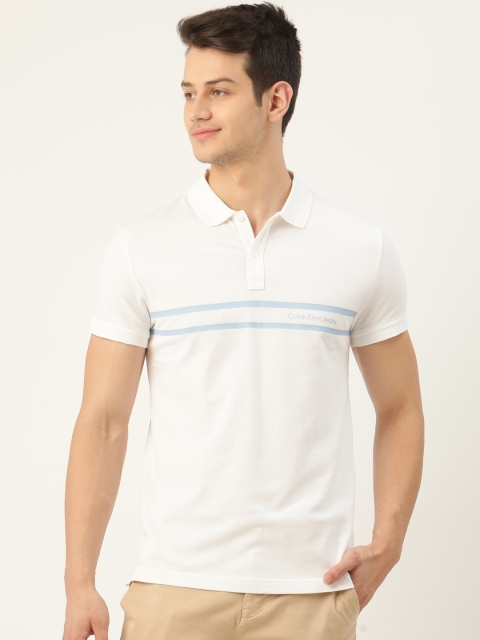 

Calvin Klein Jeans Men White & Blue Striped Polo Collar T-shirt
