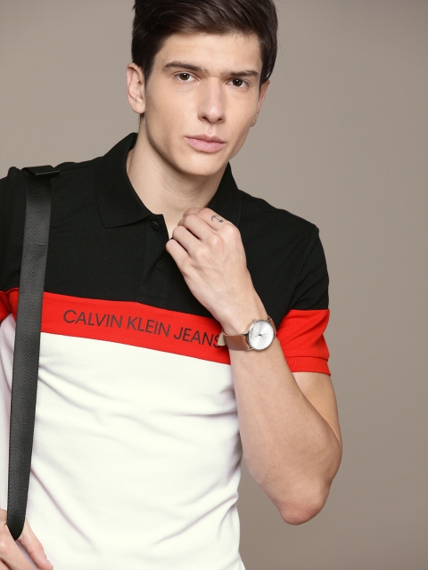 

Calvin Klein Jeans Men White & Navy Blue Colourblocked Slim Fit Polo Collar T-shirt