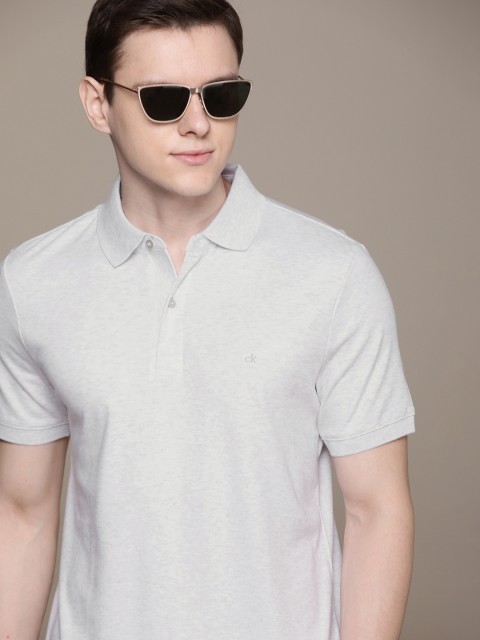 

Calvin Klein Jeans Men Grey Melange Slim Fit Solid Polo Collar T-shirt