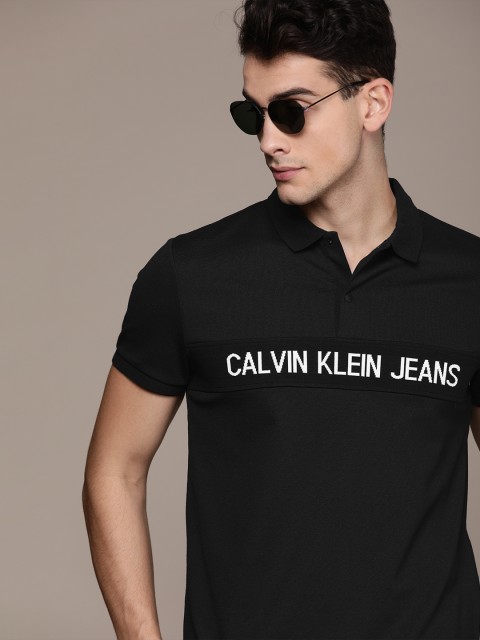 

Calvin Klein Jeans Men Black Printed Polo Collar T-shirt With Applique Detail