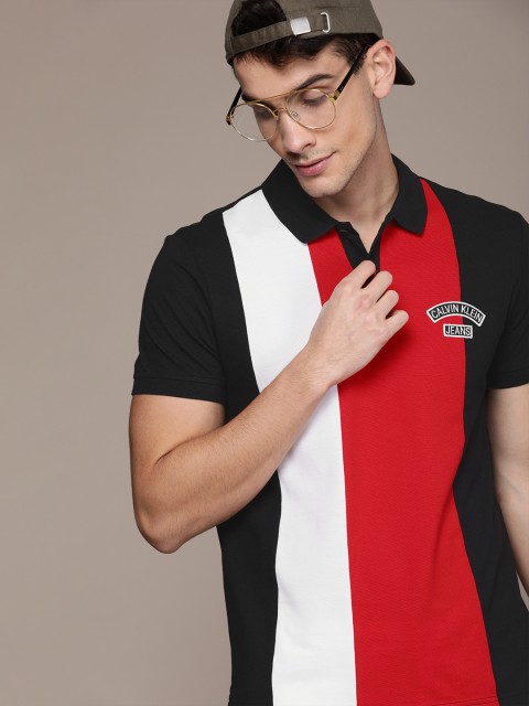 

Calvin Klein Jeans Men Black & Red Colourblocked Polo Collar T-shirt