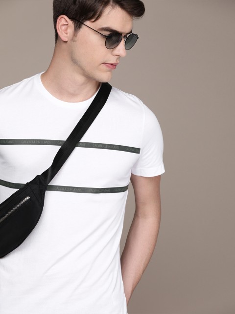 

Calvin Klein Jeans Men White Striped Round Neck Pure Cotton T-shirt
