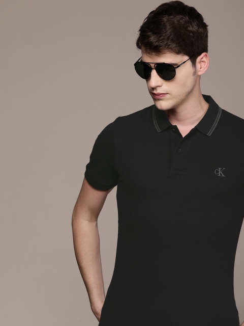 

Calvin Klein Jeans Men Black Solid Slim Fit Polo Collar T-shirt