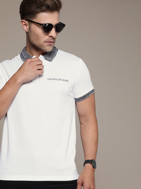 

Calvin Klein Jeans Men White Solid Slim Fit Polo Collar Pure Cotton T-shirt With Printed Detail