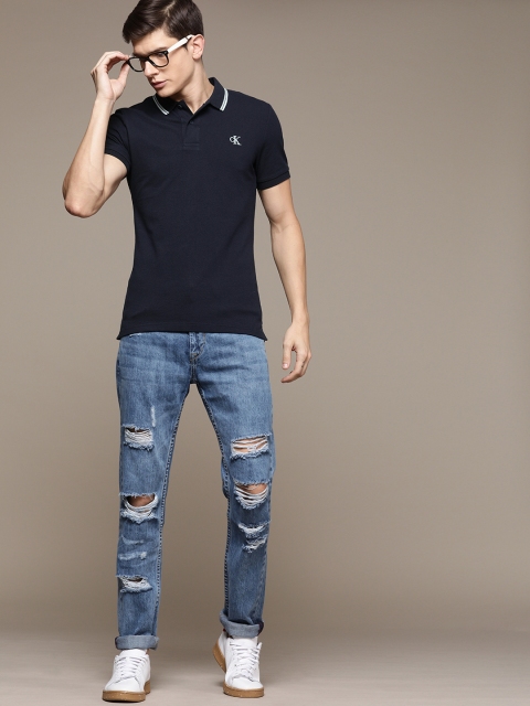 

Calvin Klein Jeans Men Slim Fit Navy Blue Solid Polo Collar T-shirt