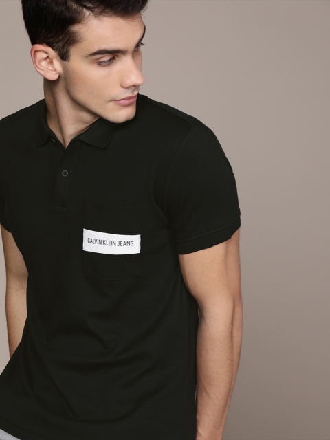 

Calvin Klein Jeans Men Black Solid Slim Fit Polo Collar T-shirt With Printed Detail