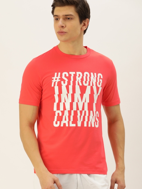 

Calvin Klein Jeans Men Coral Orange Printed Round Neck T-shirt