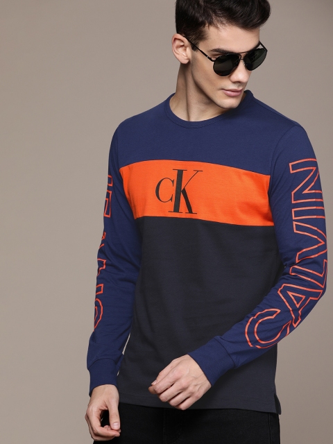 

Calvin Klein Jeans Men Blue & Orange Slim Fit Colourblocked Round Neck T-shirt