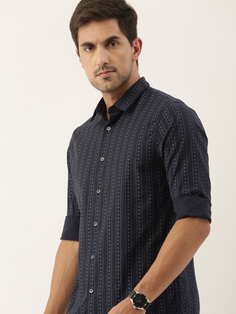 

Calvin Klein Jeans Men Navy Blue & Grey Slim Fit Striped Casual Shirt with Logo