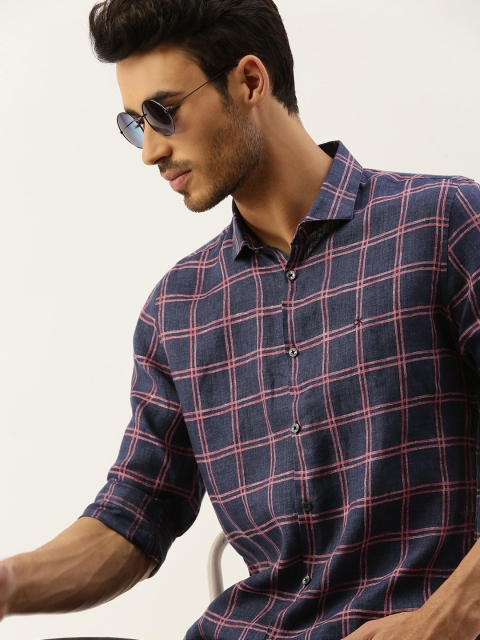 

Calvin Klein Jeans Men Navy Blue & Red Slim Fit Checked Linen Casual Shirt