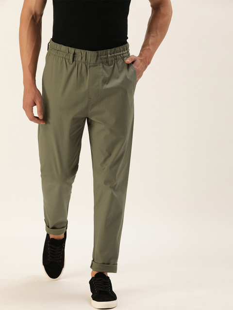 

Calvin Klein Jeans Men Olive Green Solid Slim Fit Regular Trousers