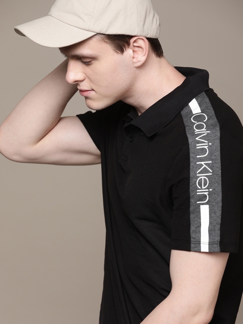 

Calvin Klein Jeans Men Black Solid Polo Collar T-shirt with Printed Detail