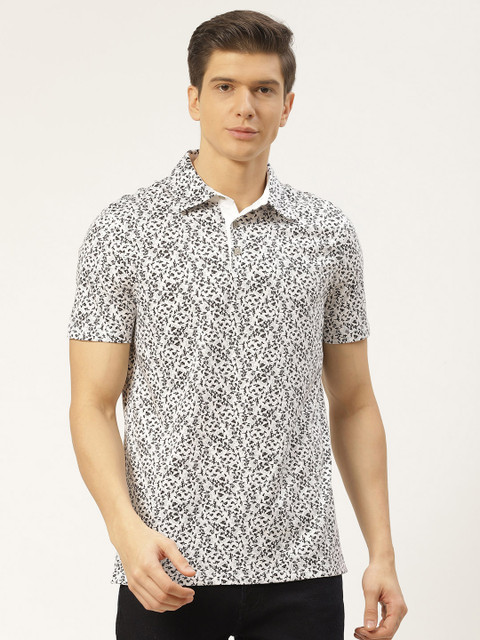 

Calvin Klein Jeans Men White & Black Floral Print Liquid Touch Polo Collar T-shirt