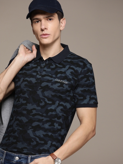 

Calvin Klein Jeans Men Navy Blue & Black Camouflage Printed Polo Collar T-shirt