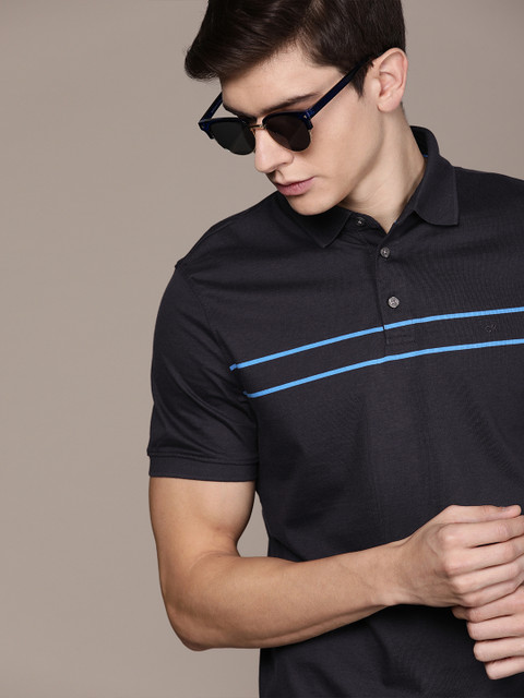 

Calvin Klein Jeans Men Navy Blue Striped Polo Collar T-shirt