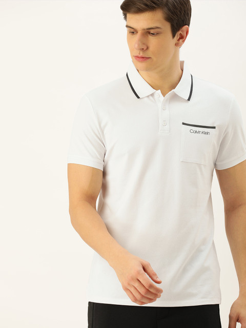 

Calvin Klein Jeans Men White Solid Polo Collar Quick Dry T-shirt