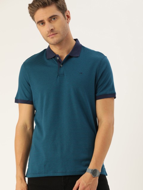 

Calvin Klein Jeans Men Teal Blue Striped Polo Collar Pure Cotton T-shirt