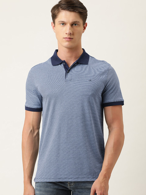 

Calvin Klein Jeans Men Navy Blue Striped Polo Collar Pure Cotton T-shirt