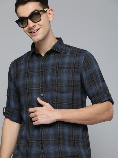 

HERE&NOW Men Navy Blue & Brown Slim Fit Checked Casual Shirt