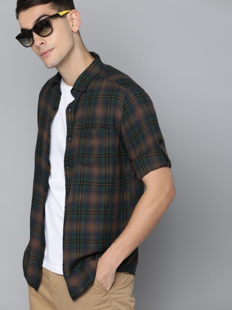 

HERE&NOW Men Green & Brown Slim Fit Checked Casual Shirt